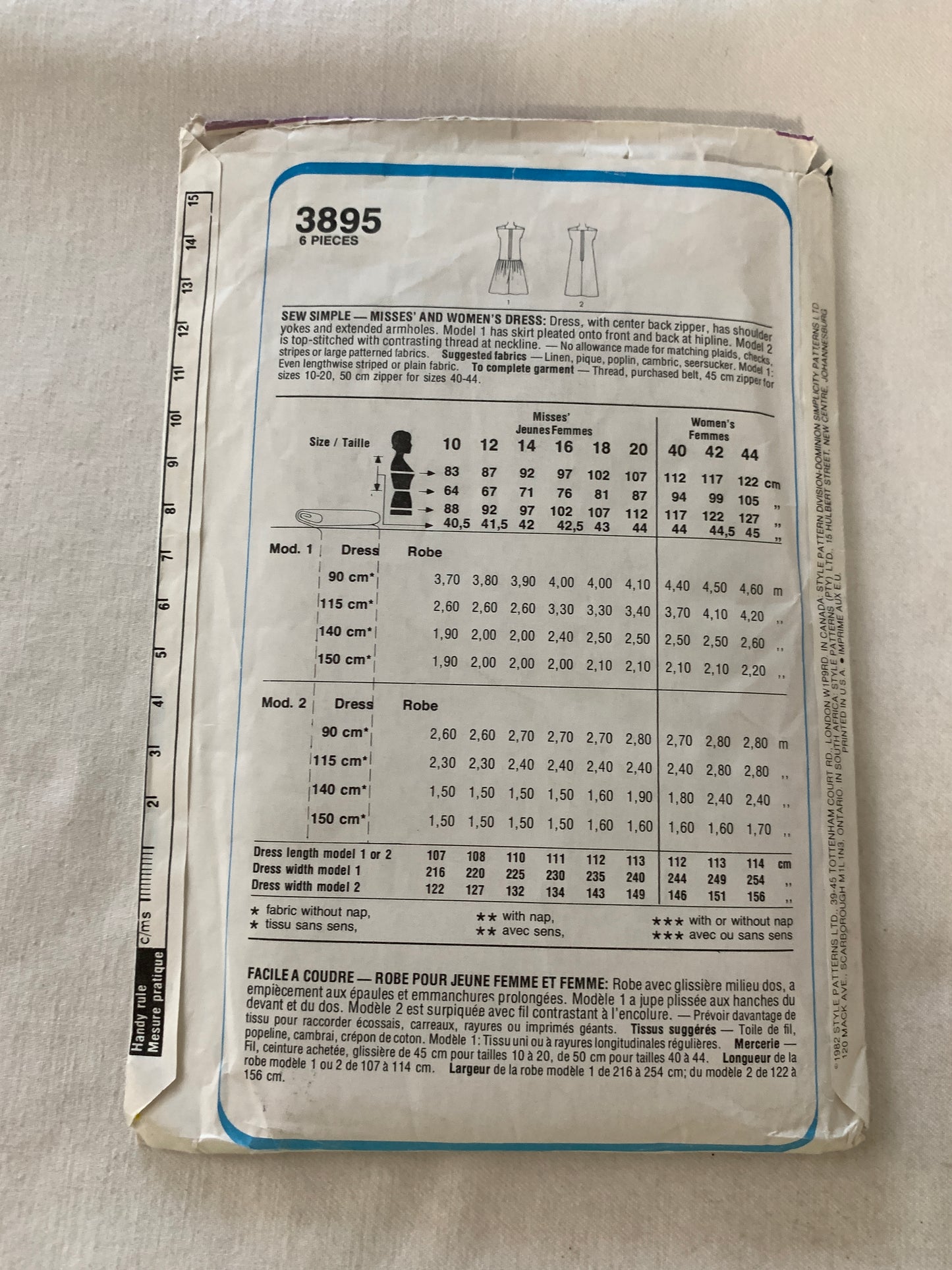Style Sewing Pattern 3895 Misses' Dress, Zipper Back, Straight/Full Skirt, Size 10, Uncut, Vintage 1982