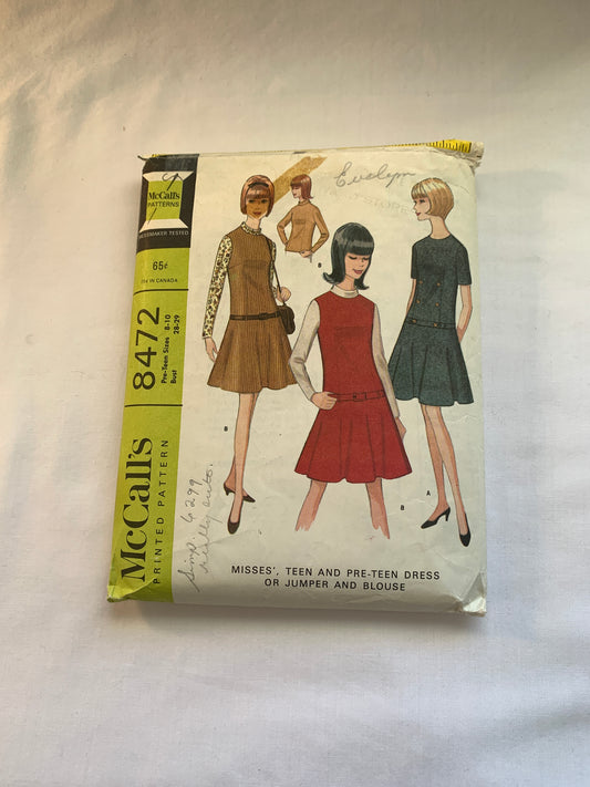 McCall's Sewing Pattern 2681 Misses'/Teen Jumper, Dress, Blouse, Long/Short Sleeves, Zipper, Pockets, Size 8-10, Uncut, Vintage 1966