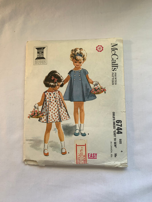 McCall's Sewing Pattern 6744 Girls' Dress, Button Back, Short Sleeves, Sleeveless, Size 4, Uncut, Vintage 1963