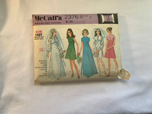 McCalls Sewing Pattern 2376 Misses' Bride, Bridesmaid Dress, Two Lengths, Long/Short Sleeves, High Waisted, Zipper Back, Size 16, Uncut, Vintage 1970
