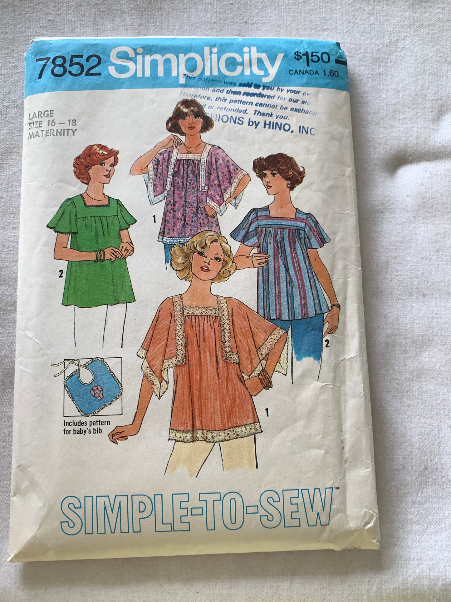Simplicity Sewing Pattern 7852 Misses' Maternity Pullover Tops, Angel Sleeves, Bib, 4 Variations, Size 16-18, Cut, Vintage 1977