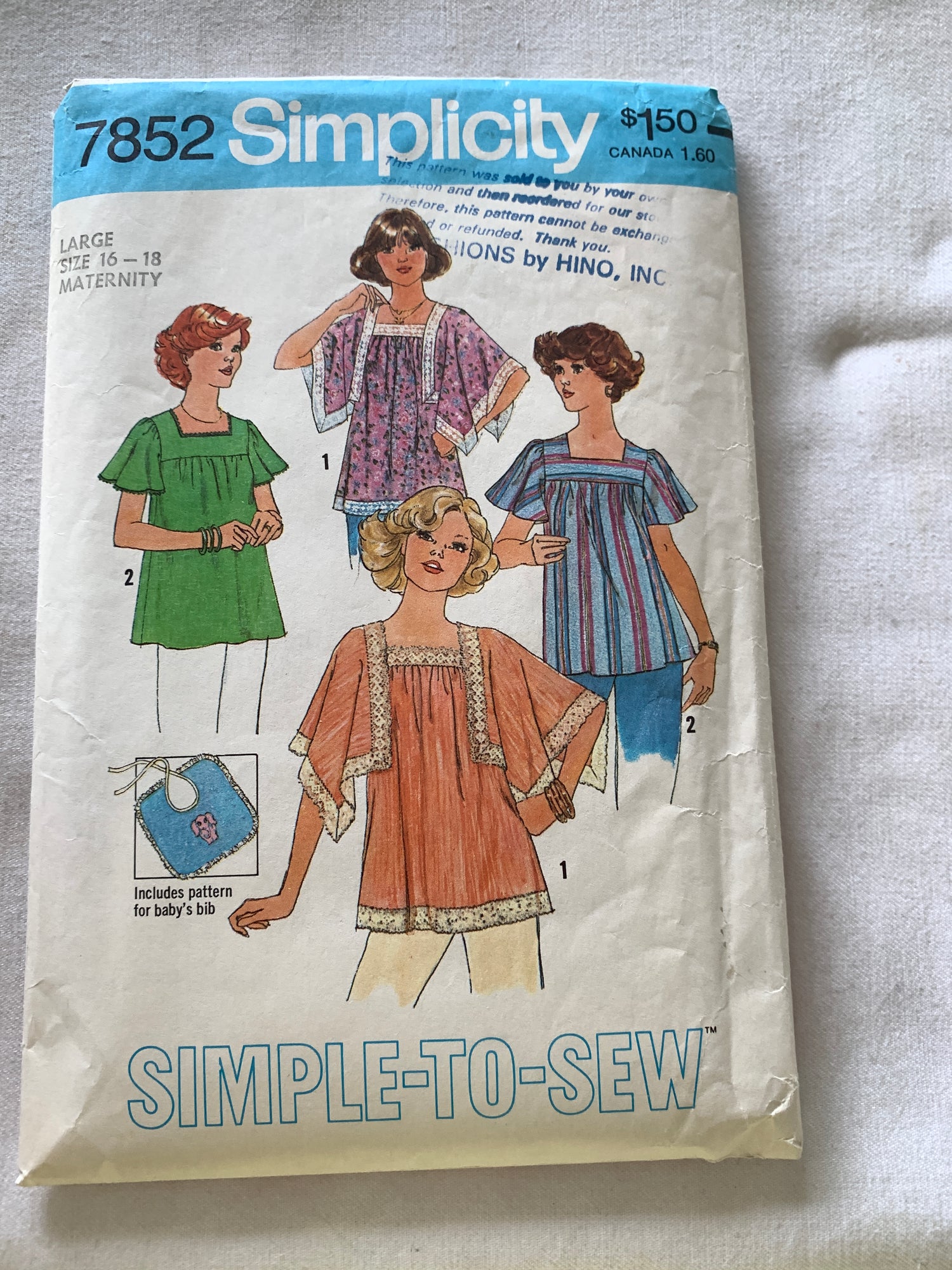 Simplicity Sewing Pattern 7852 Misses' Maternity Pullover Tops, Angel Sleeves, Bib, 4 Variations, Size 16-18, Cut, Vintage 1977
