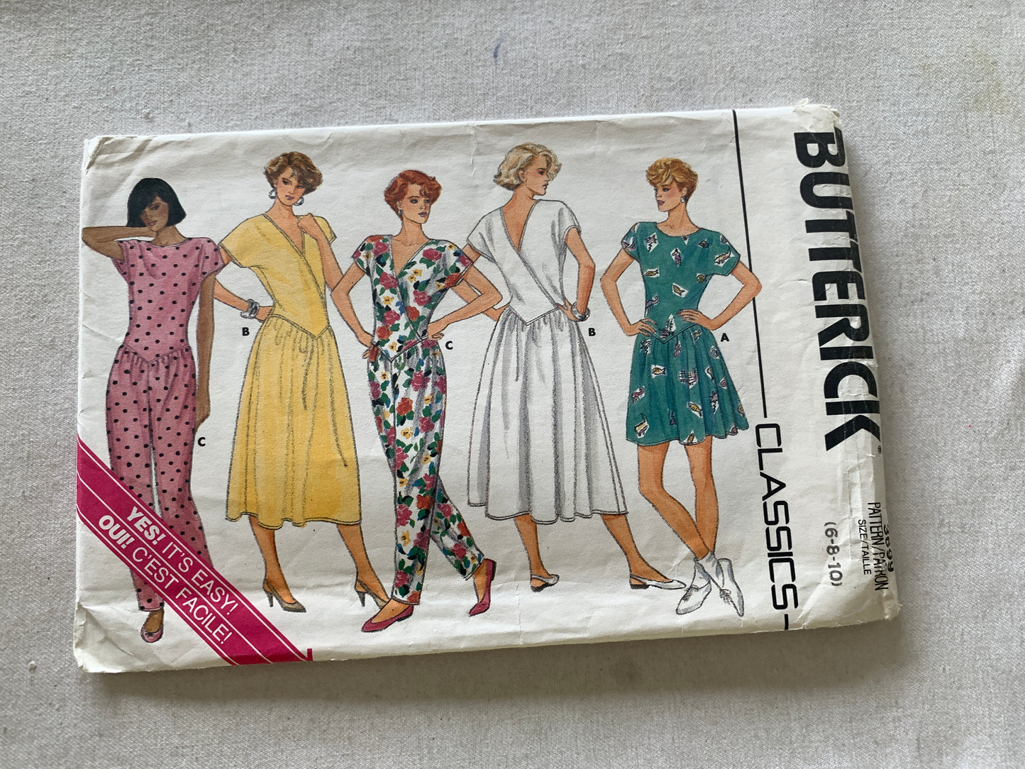 Butterick Sewing Pattern 3699 Misses' Dress, Jumpsuit, Two Lengths, Pullover, Dropped Waist, Close-Fitting, Size 6-10, Cut, Vintage 1986