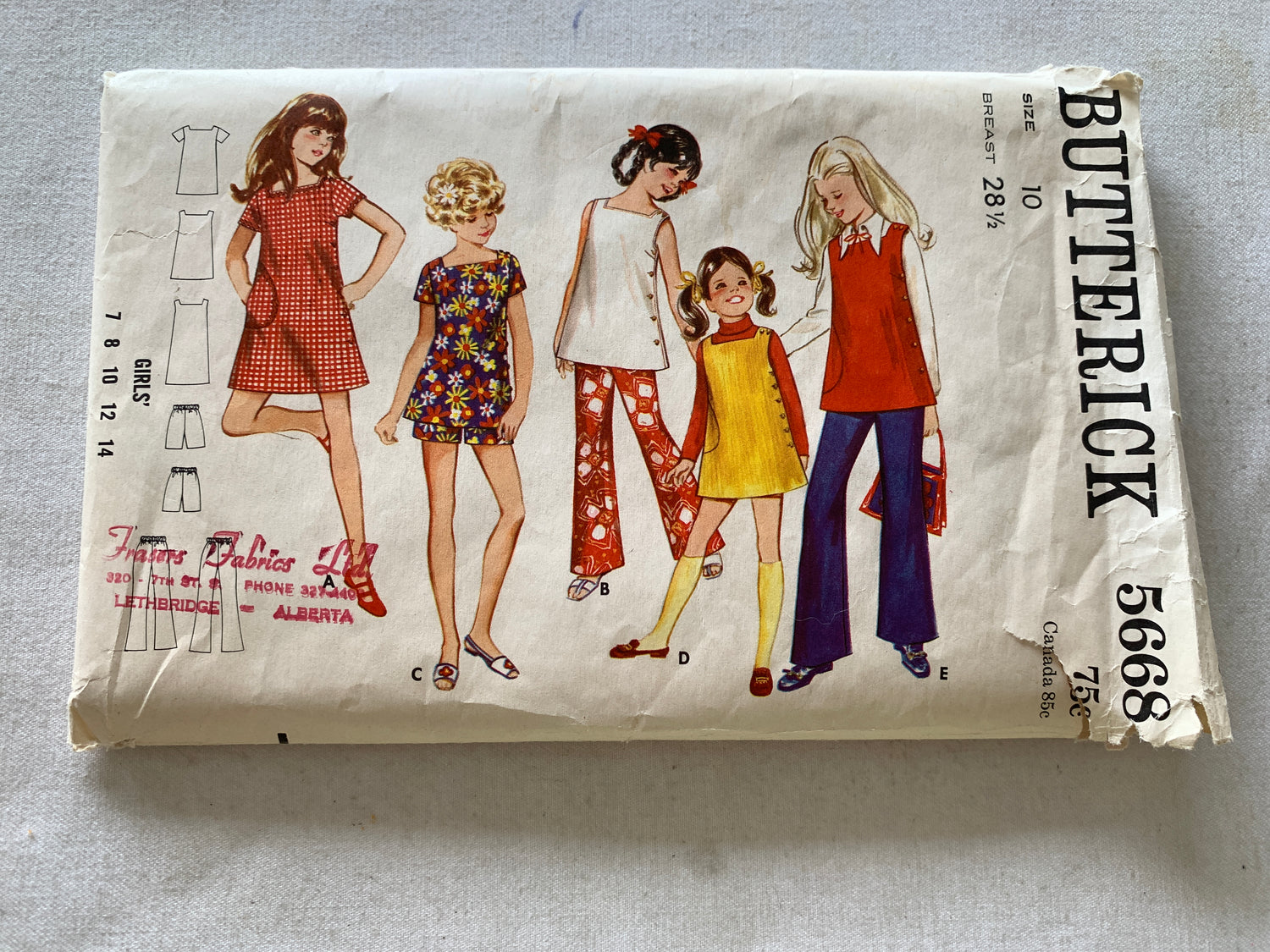 Butterick Sewing Pattern 5668 Girls' One-Piece Dress, Jumper, Tunic, Pants, Loose-Fitted, Pocket, Button Side, Size 10, Cut, Vintage 1970