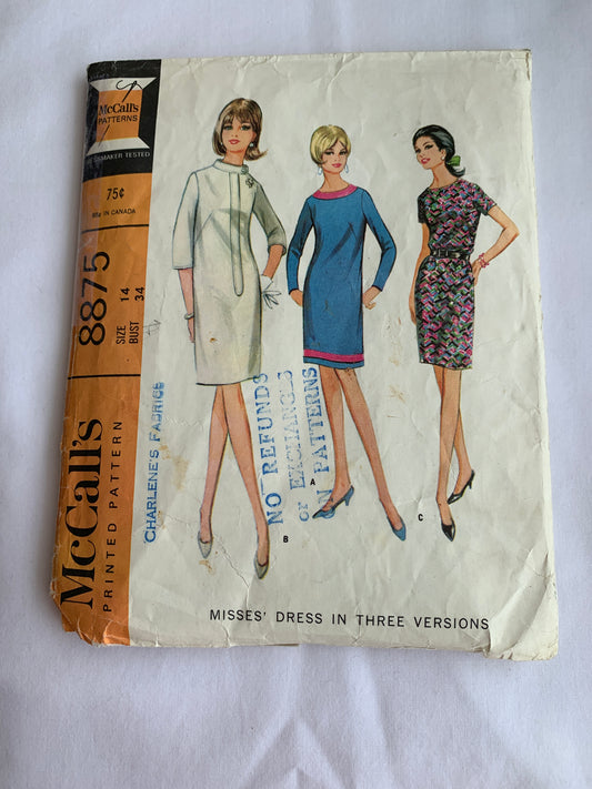 McCall's Sewing Pattern 8875 Misses' Dresses, 3 Variations, Long/Short Sleeves, Zipper Back, Darts, Size 14, Cut, Vintage 1967