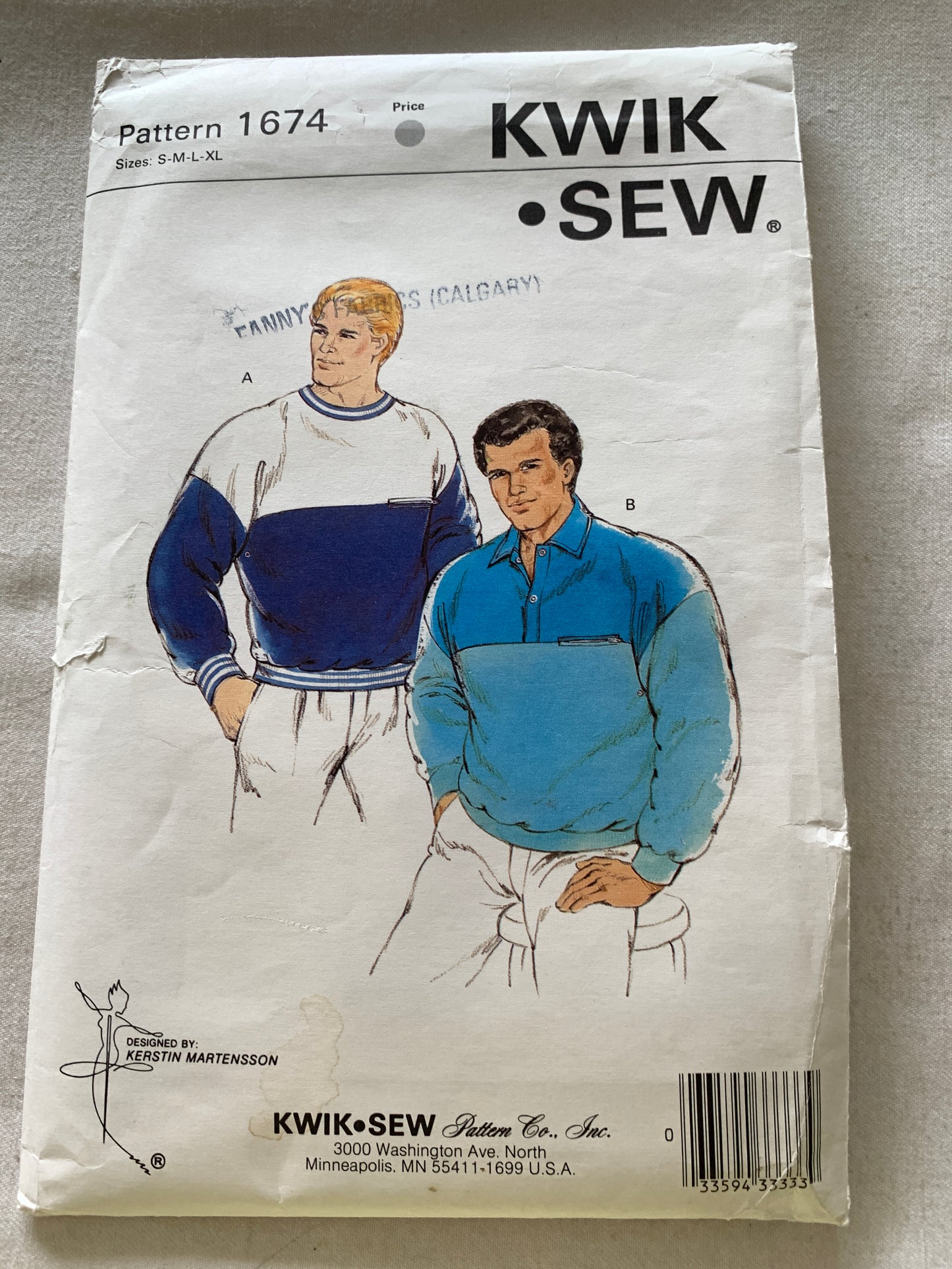 KWIK Sewing Pattern 1674 Men's Shirt, Pullover, Long Sleeves, 2 Variations, Loose-Fitting, Zipper Pocket, 34-48, Cut, Vintage 1984