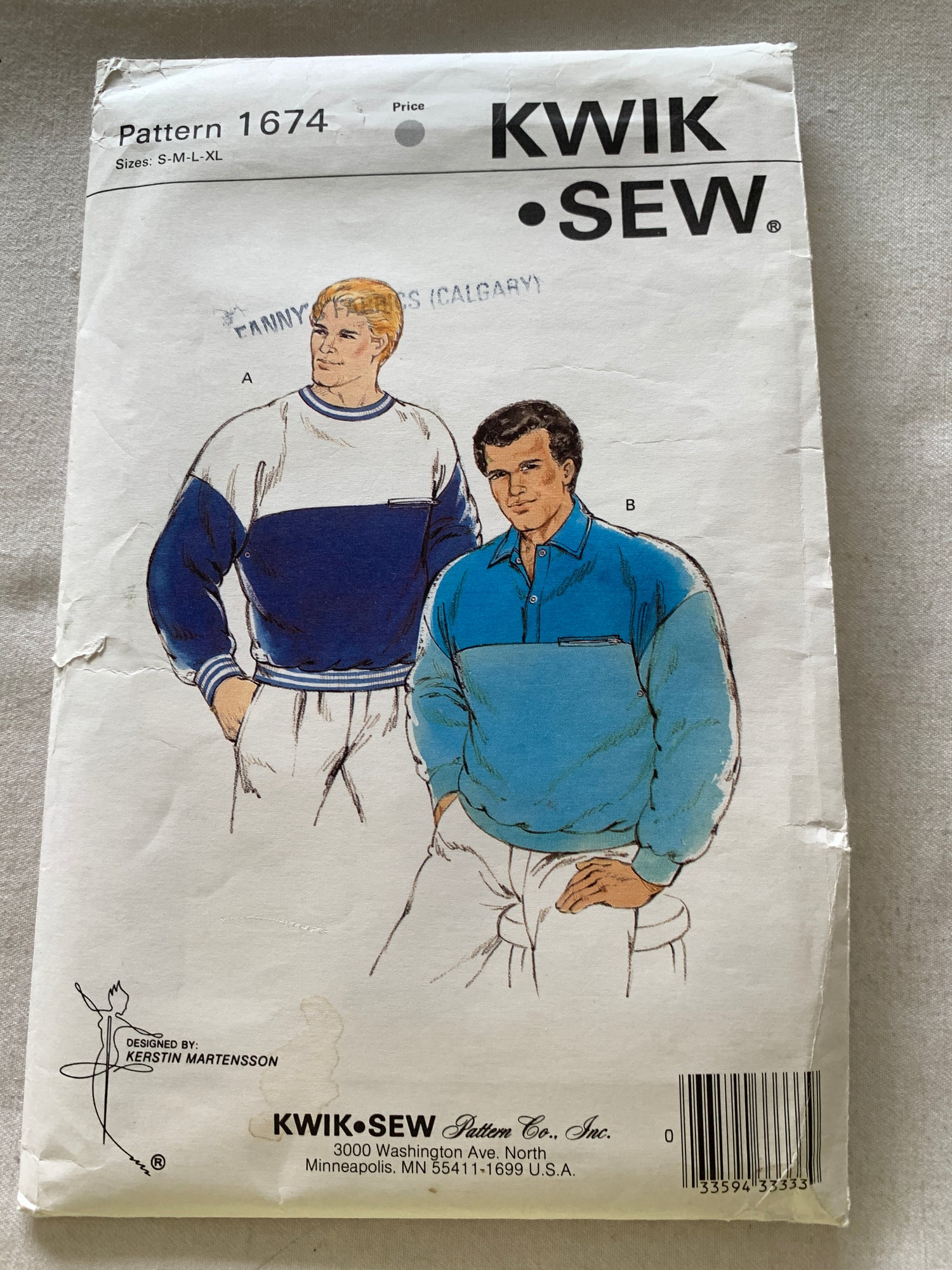 KWIK Sewing Pattern 1674 Men's Shirt, Pullover, Long Sleeves, 2 Variations, Loose-Fitting, Zipper Pocket, 34-48, Cut, Vintage 1984