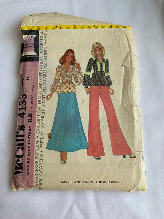 McCall's Sewing Pattern 4133 Misses'/Junior Top, Pants, Long Sleeves, Button Front, Side Zipper, Size 12, Cut Vintage 1974