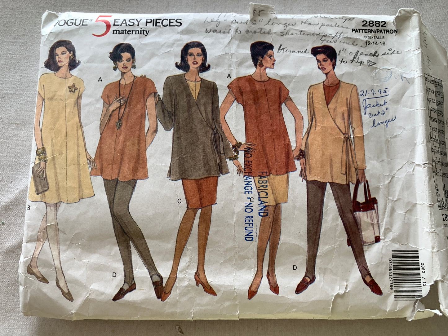 Vogue Sewing Pattern 2882 Misses' Maternity Dress, Wrap Jacket, Top, Pants, Skirts, Pullover, Loose-Fitting, Size 12-16, Cut, Vintage 1992
