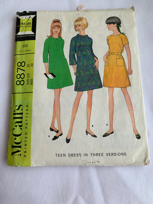 McCall's Sewing Pattern 8878 Misses'/Teen Dress, Long/Short Sleeves, Zipper Back, Pockets, Size 10, Cut, Vintage 1967