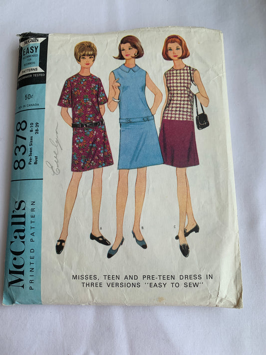 McCall's Sewing Pattern 8378 Misses'/Teen Dress, Three Variations, Short Sleeves, Sleeveless, Zipper Back, Size 8-10, Cut, Vintage 1966