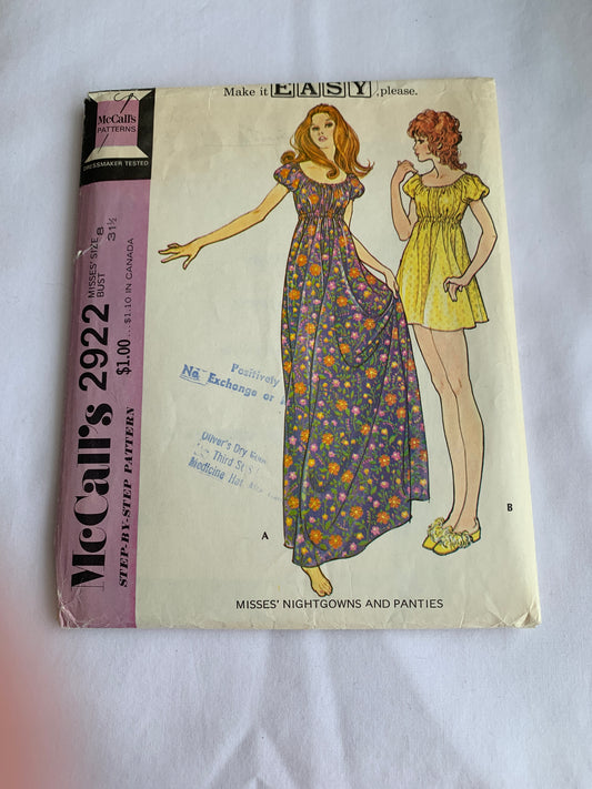 McCalls' Sewing Pattern 2922 Misses' Nightgown, Panties, Short Sleeves, Two Lengths, Size 8, Cut, Vintage 1971