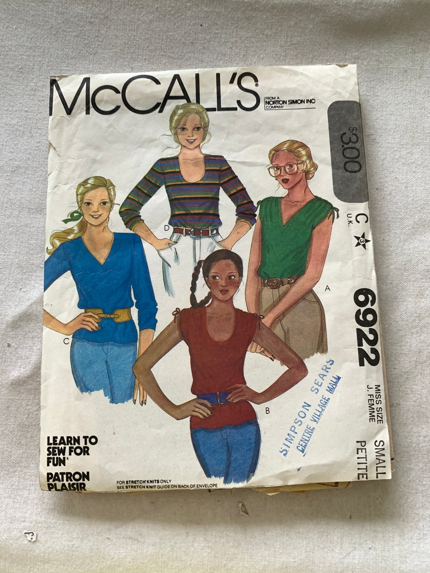McCall's Sewing Pattern 6922 Misses' Tops, Stretch Knits, Neck Variations, Pullover, Long Sleeves, Size 10-12, Cut, 2012