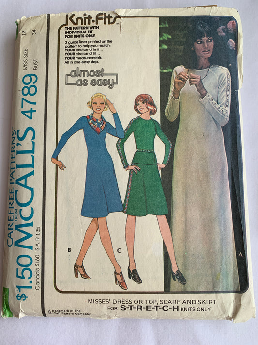 McCall's Sewing Pattern 4789 Misses' Dress, Top, Zipper Back, Scarf, Skirt, Size 12, Cut, Vintage 1975