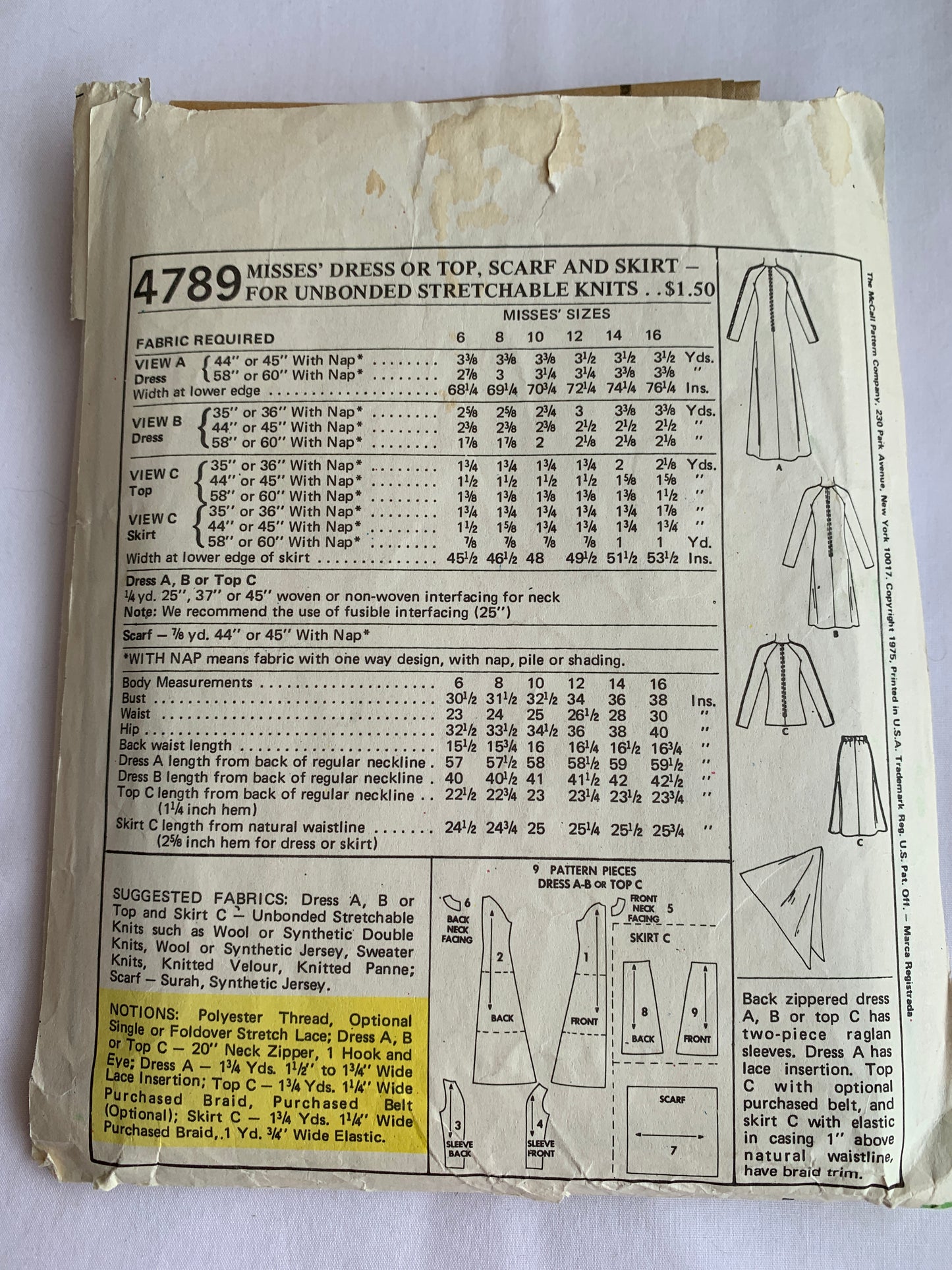 McCall's Sewing Pattern 4789 Misses' Dress, Top, Zipper Back, Scarf, Skirt, Size 12, Cut, Vintage 1975