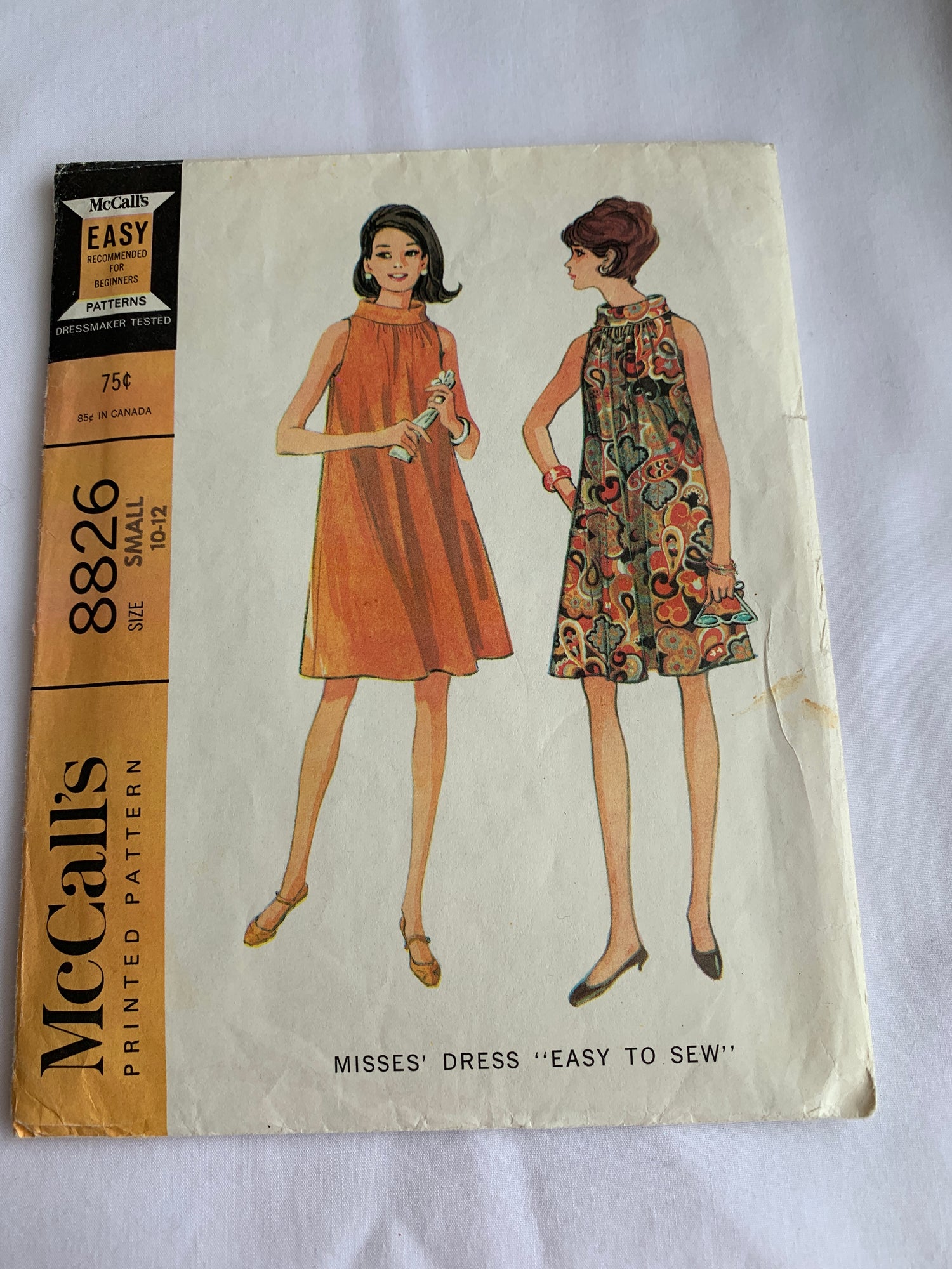 McCall's Sewing Pattern 8826 Misses' Dresses, 2 Variations, Zipper Back, Sleeveless, Size 10-12, Cut, Vintage 1967