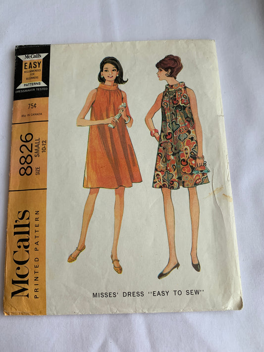 McCall's Sewing Pattern 8826 Misses' Dresses, 2 Variations, Zipper Back, Sleeveless, Size 10-12, Cut, Vintage 1967