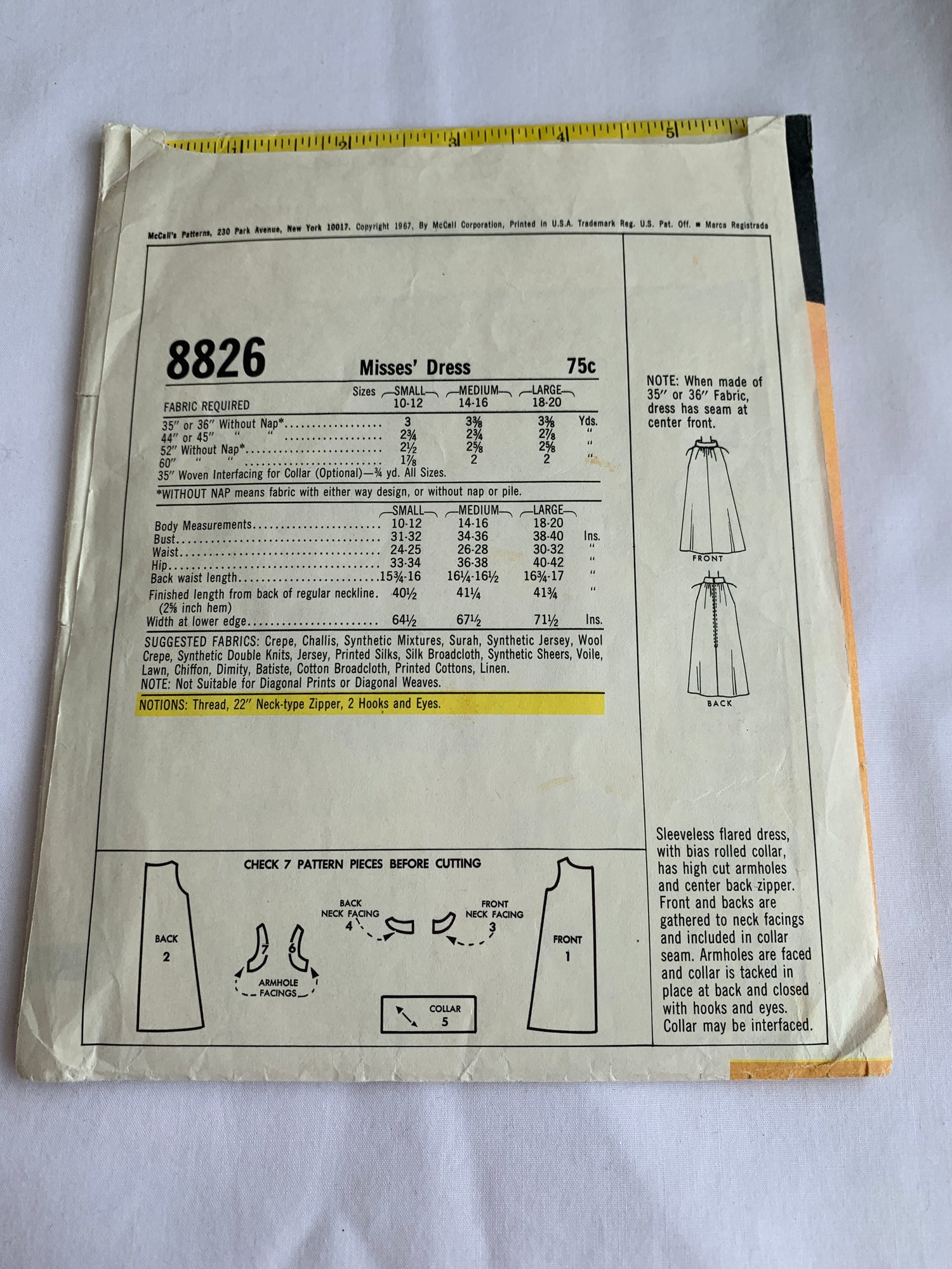 McCall's Sewing Pattern 8826 Misses' Dresses, 2 Variations, Zipper Back, Sleeveless, Size 10-12, Cut, Vintage 1967