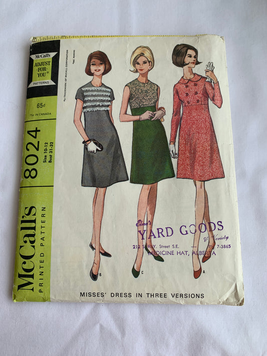McCall's Sewing Pattern 8024 Misses' Dresses, 3 Variations, Long/Short Sleeves, Sleeveless, Zipper Back, Darts, Size 10-12, Cut, Vintage 1965