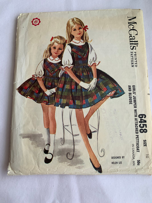 McCall's Sewing Pattern 6458 Girls' Dresses, Petticoat, Blouse, Long/Short Sleeves, Zipper Back, Flared Skirt, Ruffles, Tie Back, Size 10, Cut, Vintage