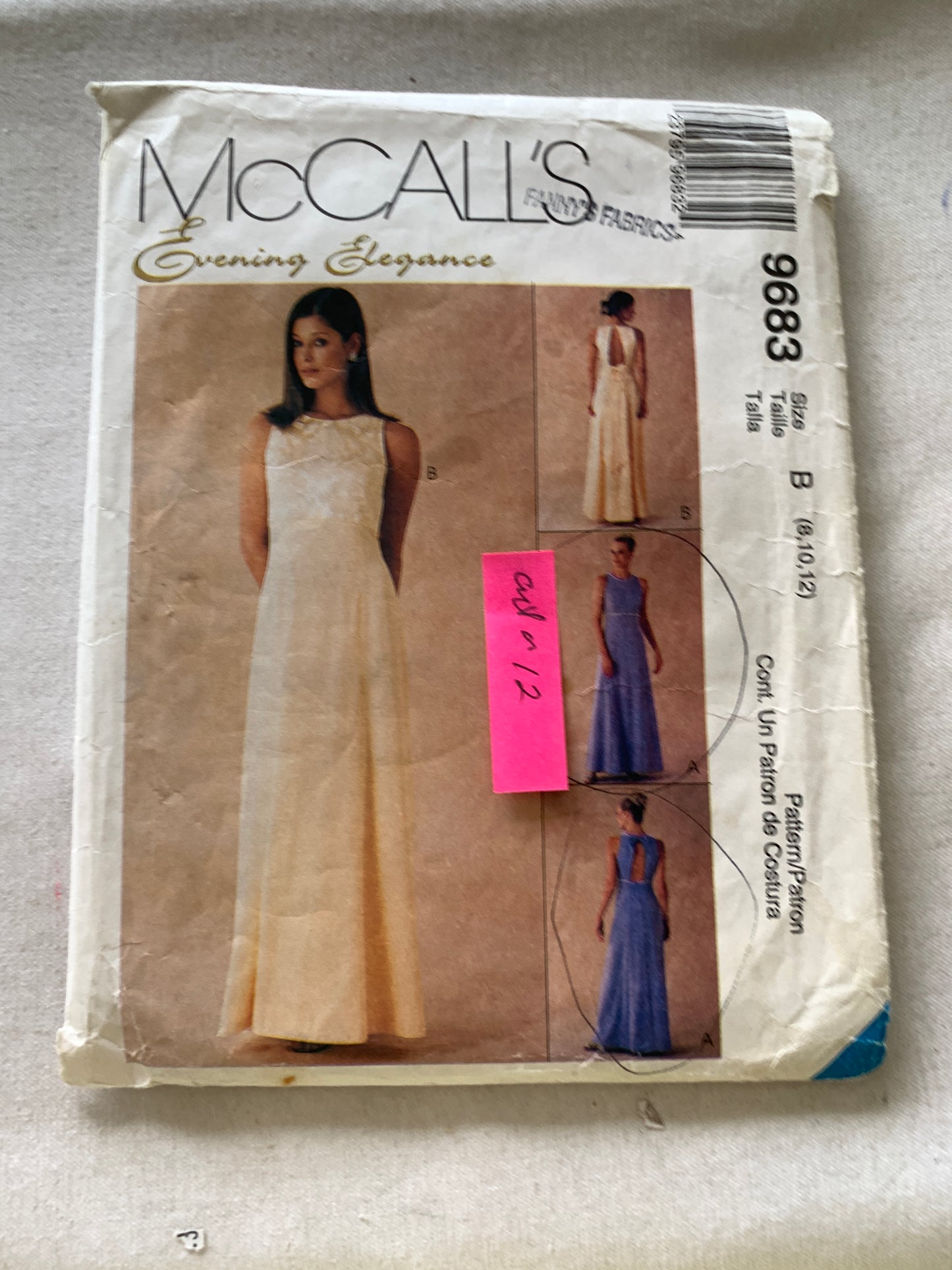 McCall's Sewing Patterns 9683 Misses' Dress, Lined Gowns, Princess Seams, Sleeveless, Open Back, Zipper Back, Size 10-12, Cut, Vintage 1998