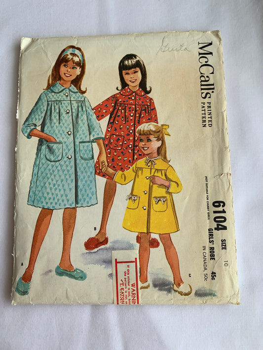 McCalls Sewing Pattern 6697 Girls', Long/Short Sleeves, Robe, Housecoat, Button Front, Pockets, Size 10, Cut, Vintage 1961