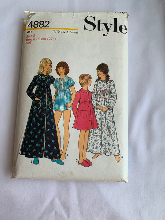 Style Sewing Pattern 4882 Girls' Nightdress, Dressing Gown, Two Lengths, Panties, Button Front, Long/Short Sleeves, Size 8, Cut, Vintage 1974