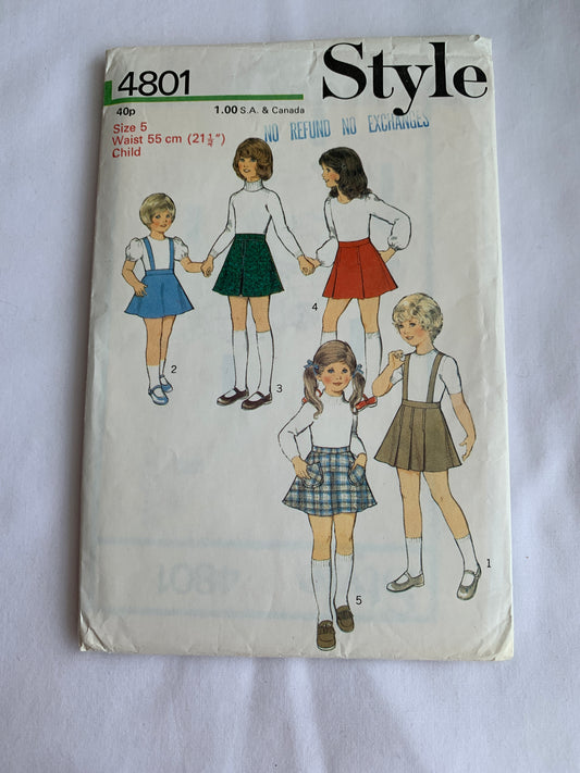 Style Sewing Pattern 4801 Girls' Skirt, Elastic Waist, Shoulder Straps, Size 5, Cut, Vintage 1974