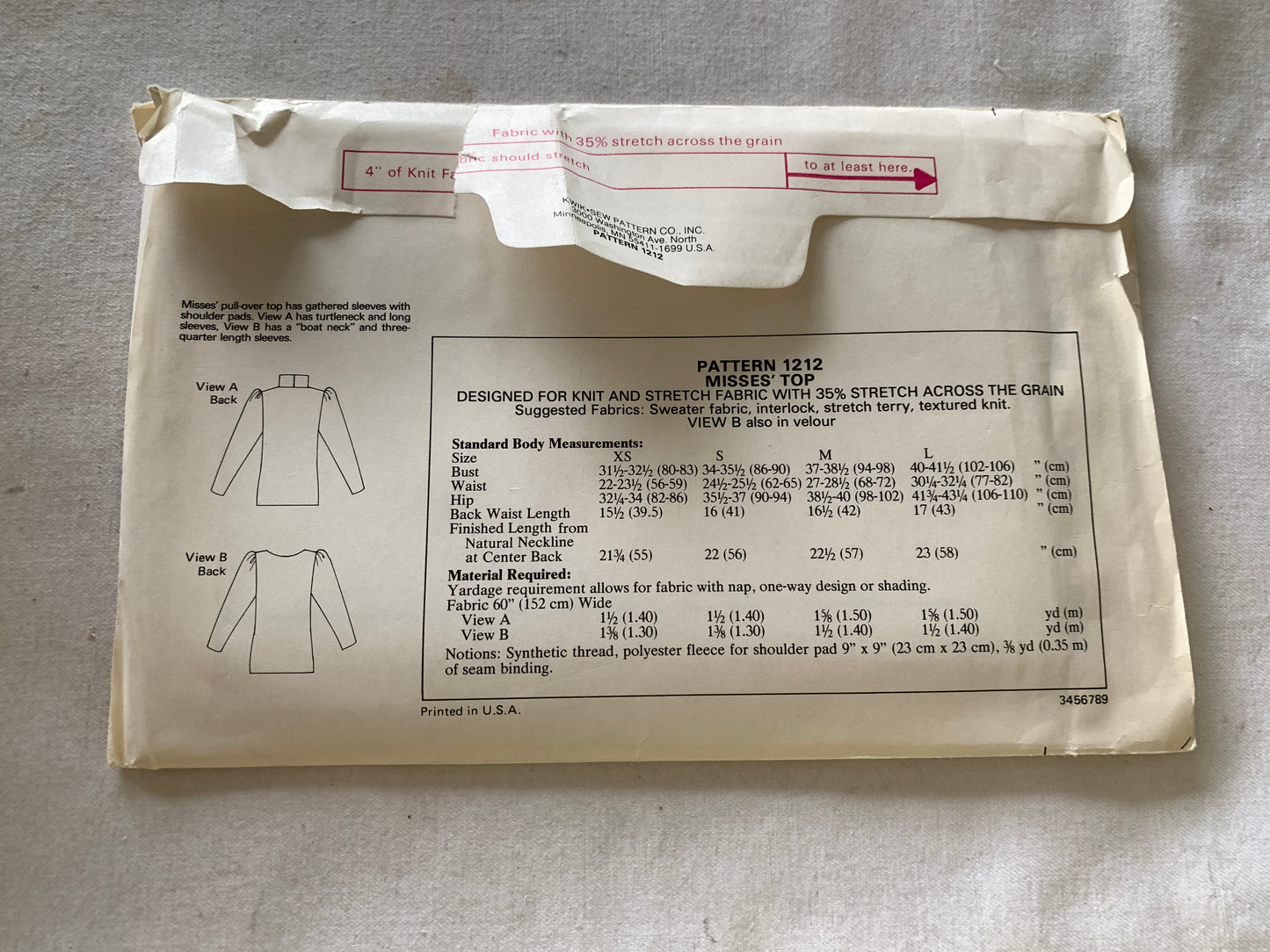 KWIK Sewing Pattern 1212 Misses' Top, Long Sleeves, Pocket, Turtleneck, 2 Variations, Size XS-XL, Uncut, Vintage 1994