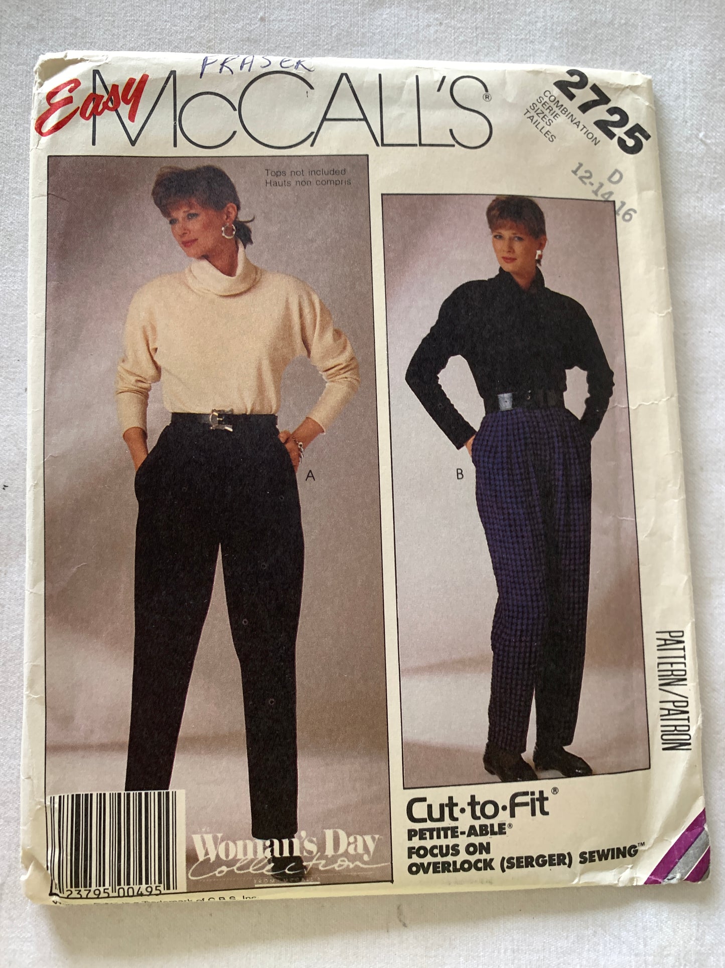 McCall's Sewing Pattern 2725 Misses' Pants, Pockets, Tapered, Pleats, Elastic Waist, Size 12-16, Uncut, Vintage 1986