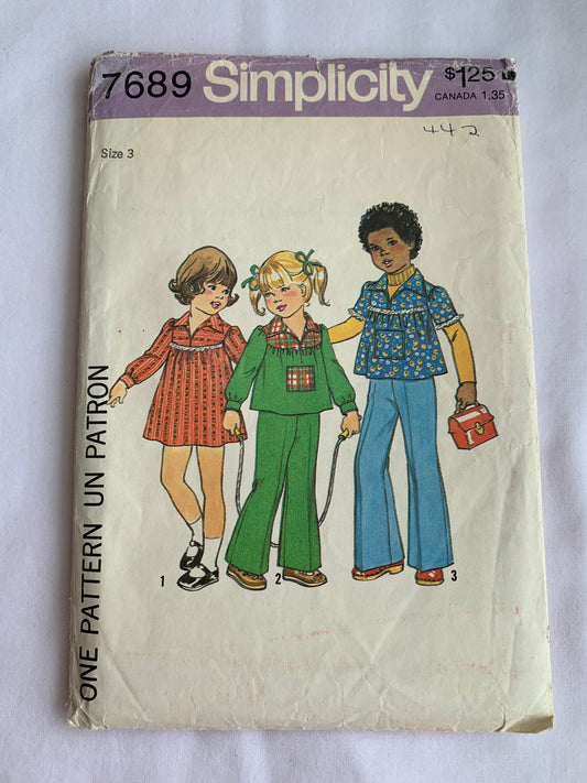 Simplicity Sewing Pattern 7689 Child's Dress, Top, Pants, Collar, Zipper Back, Long/Short Sleeves, Size 3, Cut, Vintage 1976