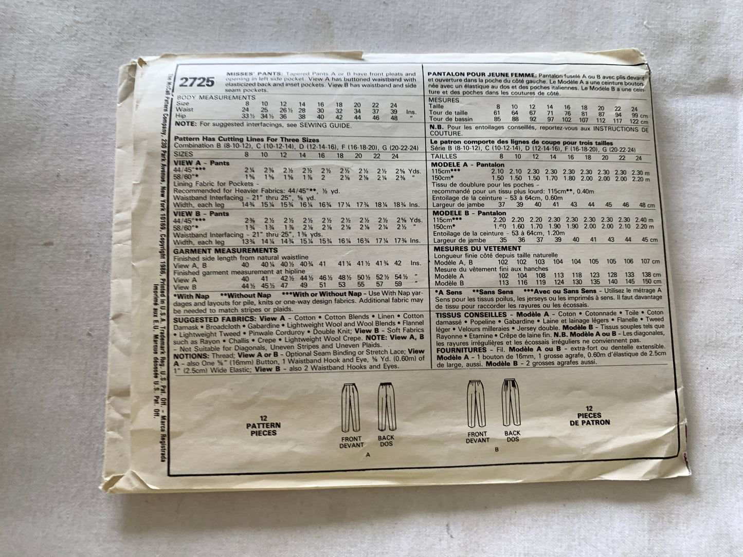 McCall's Sewing Pattern 2725 Misses' Pants, Pockets, Tapered, Pleats, Elastic Waist, Size 12-16, Uncut, Vintage 1986