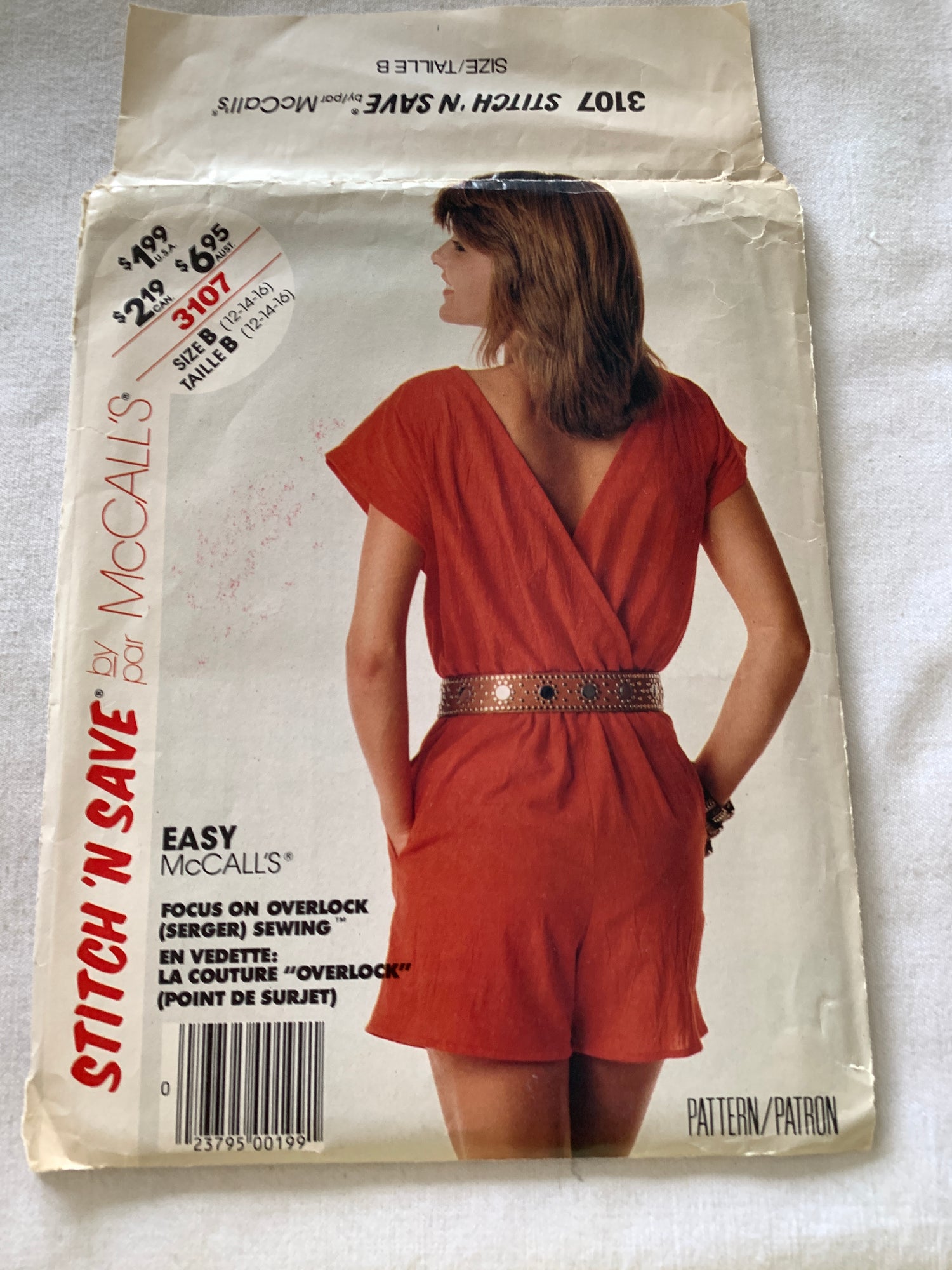McCall's Sewing Pattern Stitch 'N Save 3107 Misses' Jumpsuit, Sleeveless, Pockets, Extended Shoulders, Neck Variations, Size 12-16, Uncut, Vintage 1987 