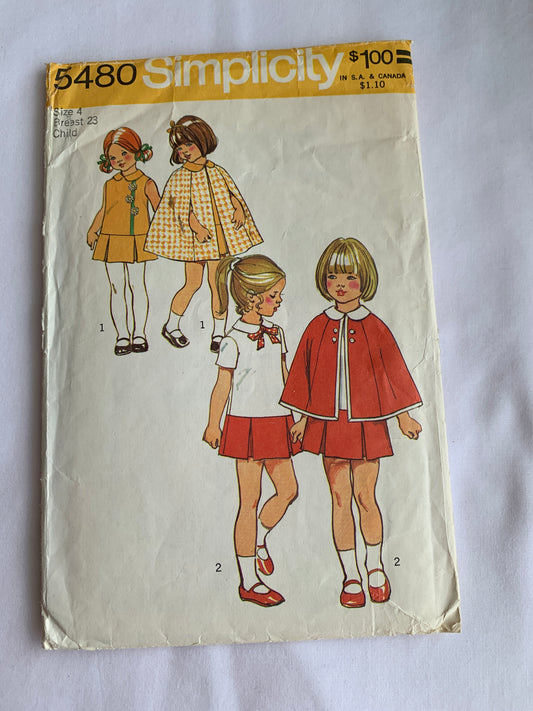 Simplicity Sewing Pattern 5480 Girls' Dress, Cape, Two Lengths, Zipper Back, Sleeveless, Size 4, Cut, Vintage 1972