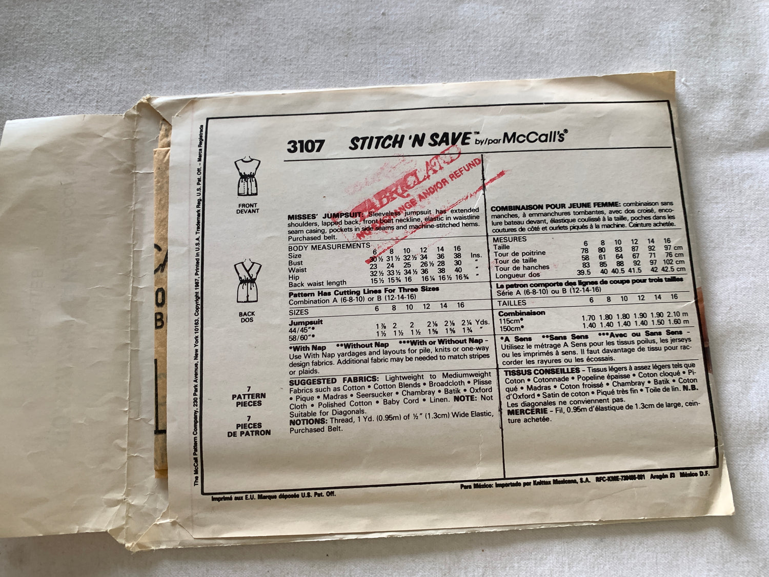 McCall's Sewing Pattern Stitch 'N Save 3107 Misses' Jumpsuit, Sleeveless, Pockets, Extended Shoulders, Neck Variations, Size 12-16, Uncut, Vintage 1987 