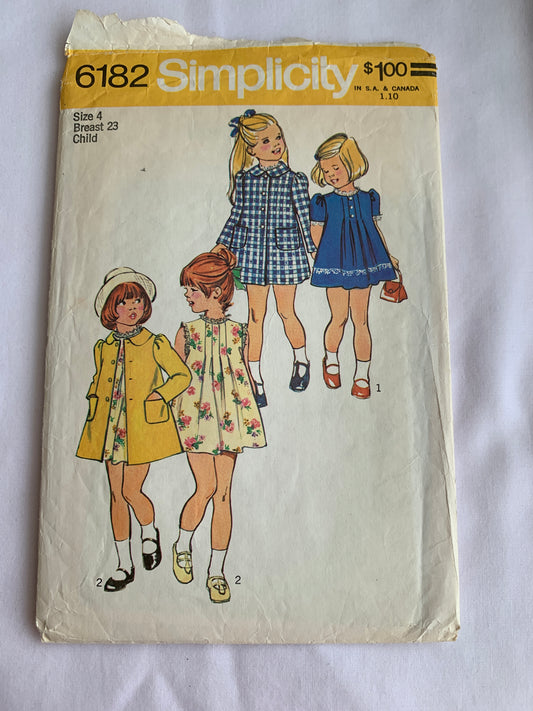 Simplicity Sewing Pattern 6182 Child's Coat, Dress, Button Front, Long/Short Sleeves, Sleeveless, Zipper Back, Pockets, Size 4, Cut, Vintage 1973