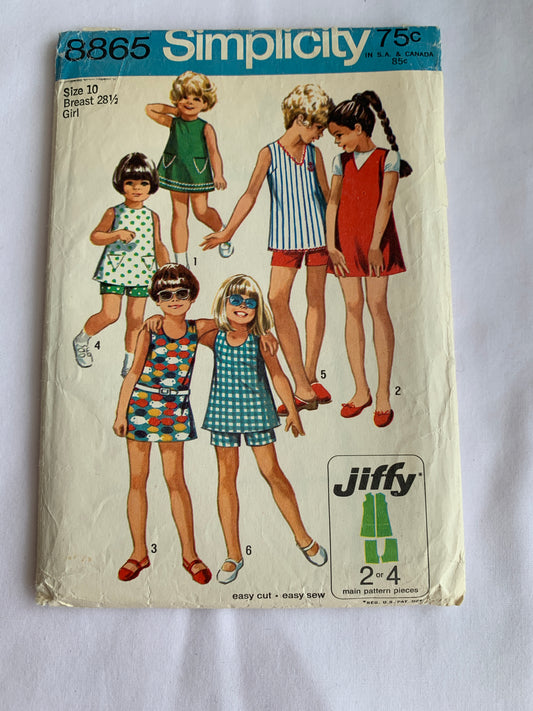 Simplicity Jiffy Sewing Pattern 8865 Girls' Dress, Jumper, Top, Shorts, Pockets, Zipper Back, Collarless, Sleeveless, Size 10, Cut, Vintage 1970