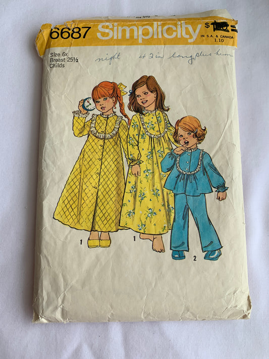 Simplicity Sewing Pattern 6687 Toddlers' Girls' Pajamas, Top, Pants, Long Sleeves, Button Front. Nightgown, Size 6X, Cut, Vintage 1977