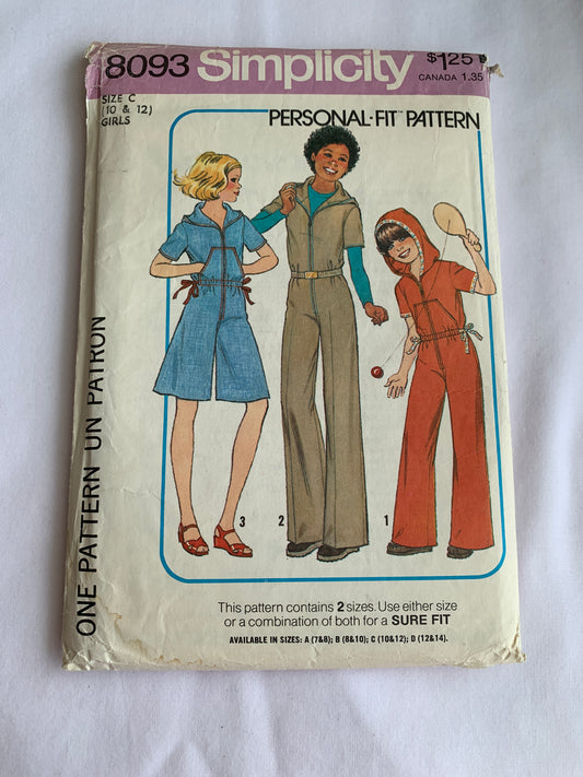 Simplicity Sewing Pattern 8093 Girls' Jumpsuit, Pantdress, Hood, Two Lengths, Pockets, Side Ties, Size 10-12, Cut, Vintage 1977