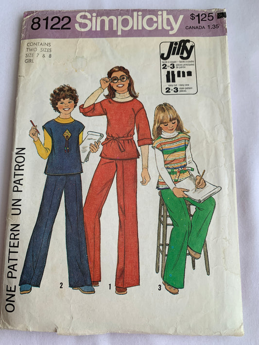 Simplicity Jiffy Sewing Pattern 8122 Girls' Pullover Tops, Pants, Zipper Back, Size 7-8, Cut, Vintage 1977