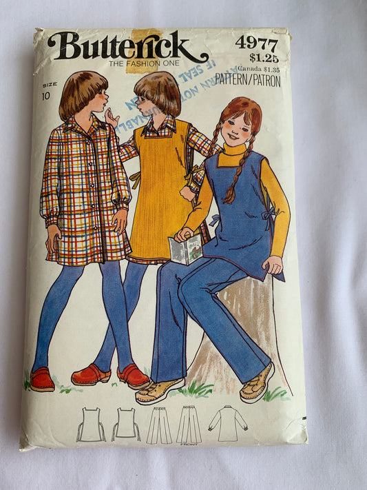 Butterick Sewing Pattern 4977 Girls' Dress, Pants, Tunic, Semi-Fitted, Two Lengths, Size 10, Cut, Vintage 1978