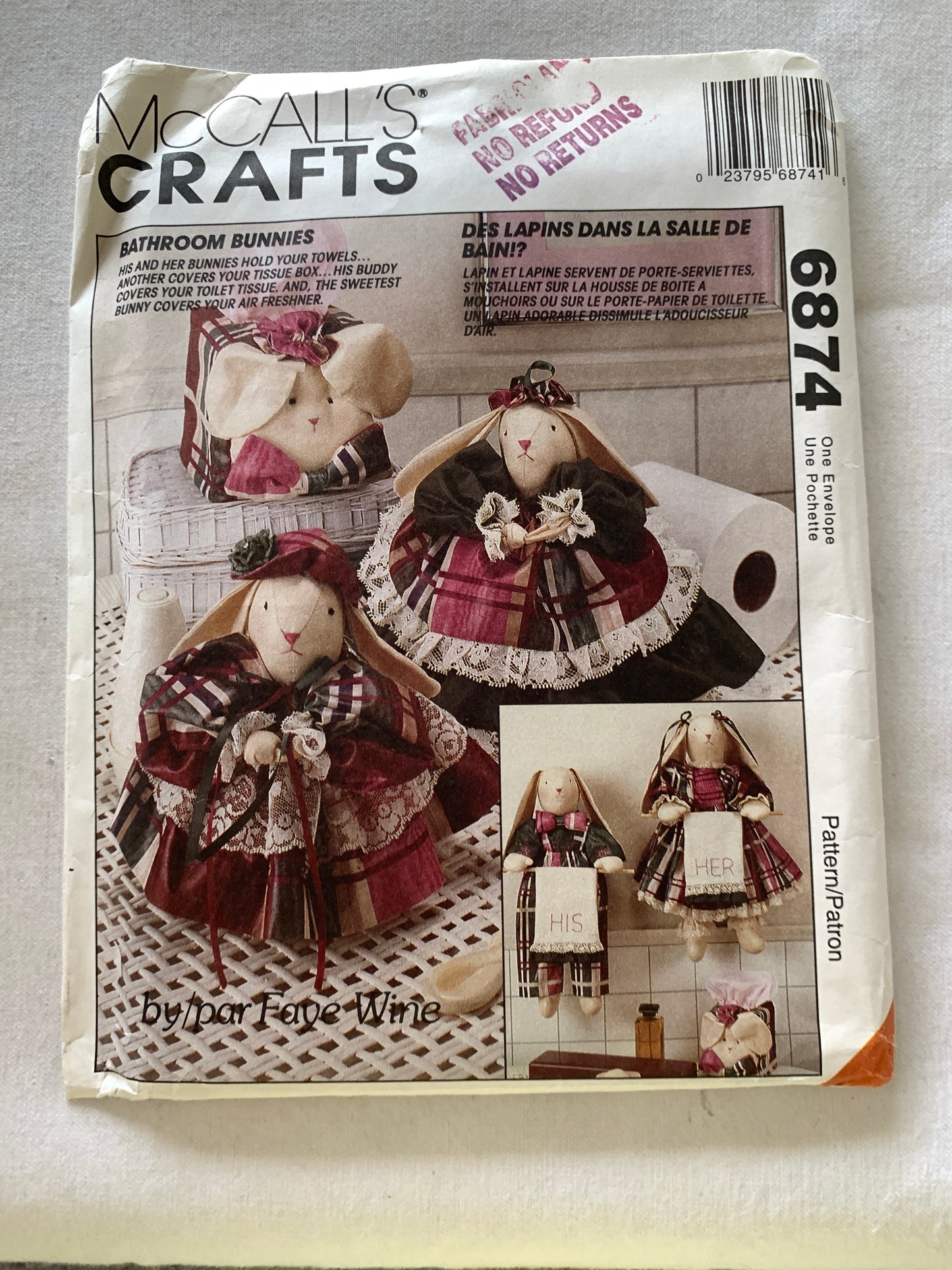 McCall's Sewing Pattern 6874 Crafts, Bathroom Bunnies, Towel Holder, Freshener Cover, Tissue Cover, Box Cover,  Uncut, Vintage 1994