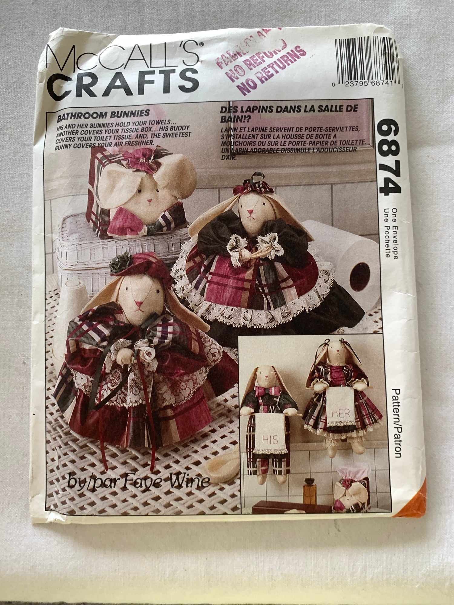 McCall's Sewing Pattern 6874 Crafts, Bathroom Bunnies, Towel Holder, Freshener Cover, Tissue Cover, Box Cover,  Uncut, Vintage 1994