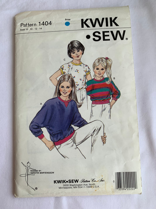 KWIK Sewing Pattern 1404 Girls' Tops, Long/Short Sleeves, Pullover, Pockets, Stretch Knit only, Uncut, Size 8-14, Vintage 1984