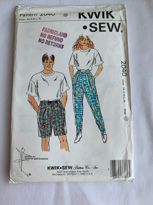 Kwik Sewing Pattern 2040 Misses' Pants, Shorts, Unisex, Elastic Waist, Pull-On, Tucks, Fasten Closure, Size 32-48 Hips, Uncut, Vintage 1980