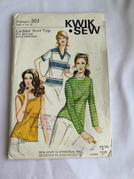 KWIK Sewing Pattern 303 Misses' Knit Tops, Neck Variations, Long/Short Sleeves, Sleeveless, Size 8-12, Uncut, Vintage 1970