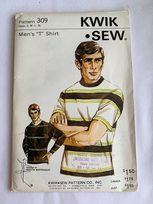 Kwik Sewing Pattern 309 Men's T Shirts, Long/Short Sleeves, Pullover, Size 34-48, Uncut, Vintage 1989