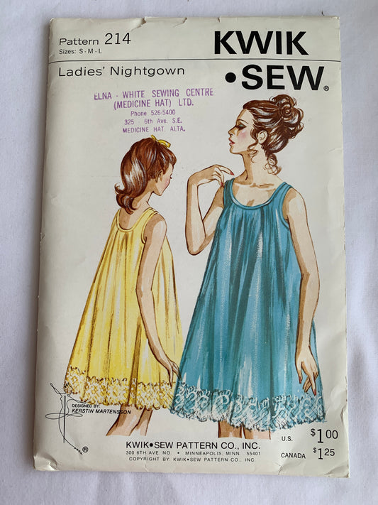 KWIK Sewing Pattern 214 Misses' Sleepwear, Nightgown, Sleeveless, Size 34-40, Uncut, Vintage 1989
