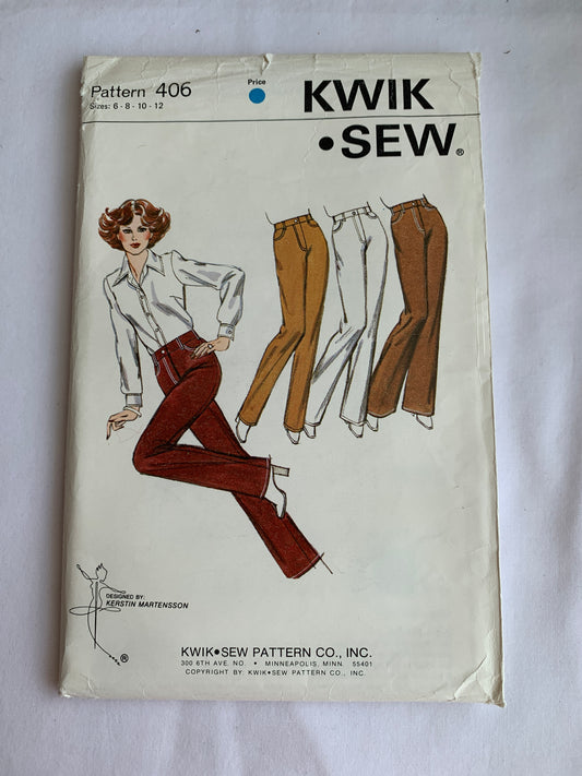 KWIK Sewing Pattern 406 Misses' Pants, Jeans, Fly Zipper, Belt Carriers, Pockets, 3 Variations, Size 6-12, Uncut, Vintage, 1989