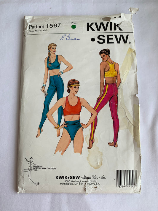 Kwik Sewing Pattern 1567 Misses' Sports Bra, Tights, Trunks, Stirrup, Size XS-L, Uncut, Vintage 1986